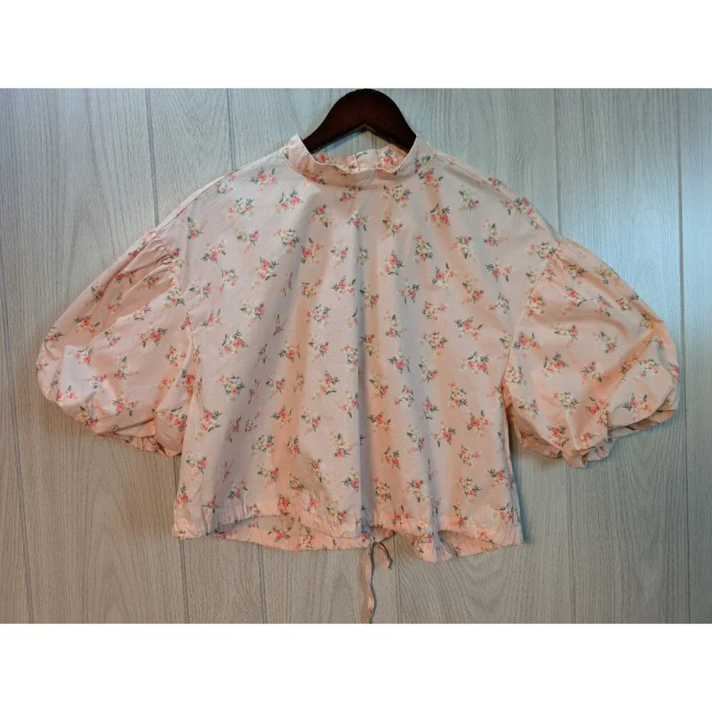 Anthropologie Cropped Bubble Sleeve Blouse Pink Floral Tie Back Medium - Picture 2 of 8